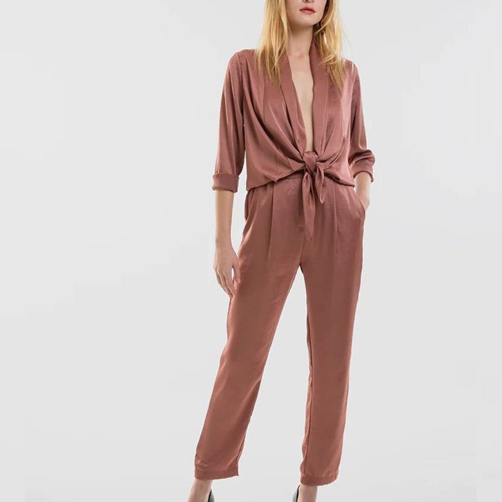 Overlover Stina Sienna Satin Georgette Draped Neckline Jumpsuit